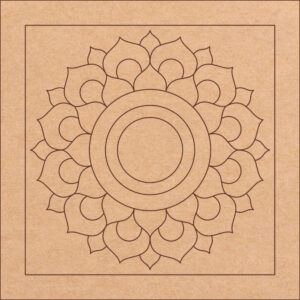 MDF Pre Marked Square Mandala Bases. A set of four square wooden bases with pre-cut mandala designs. The bases are made of MDF material and have a smooth surface. The designs are clear and easy to see.