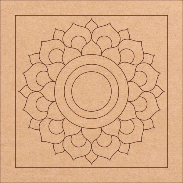 MDF Pre Marked Square Mandala Bases. A set of four square wooden bases with pre-cut mandala designs. The bases are made of MDF material and have a smooth surface. The designs are clear and easy to see.