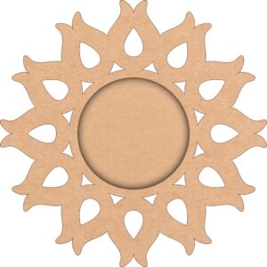 A wooden base for a pooja thali, with a sun pattern laser-cut into the border. A puja thali base made of MDF, with a sun pattern design. A wooden plate with a sun pattern cutout border, used for religious ceremonies.