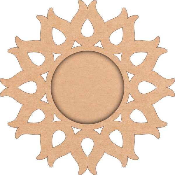 A wooden base for a pooja thali, with a sun pattern laser-cut into the border. A puja thali base made of MDF, with a sun pattern design. A wooden plate with a sun pattern cutout border, used for religious ceremonies.