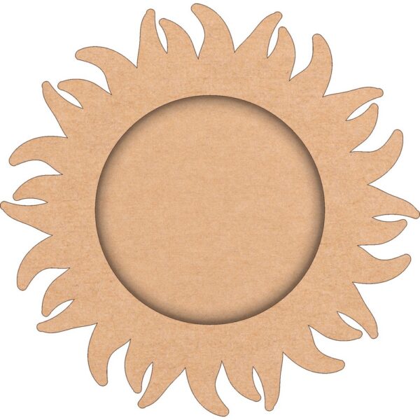 A wooden base for a pooja thali, with a sun pattern laser-cut into the border. A puja thali base made of MDF, with a sun pattern design. A wooden plate with a sun pattern cutout border, used for religious ceremonies.